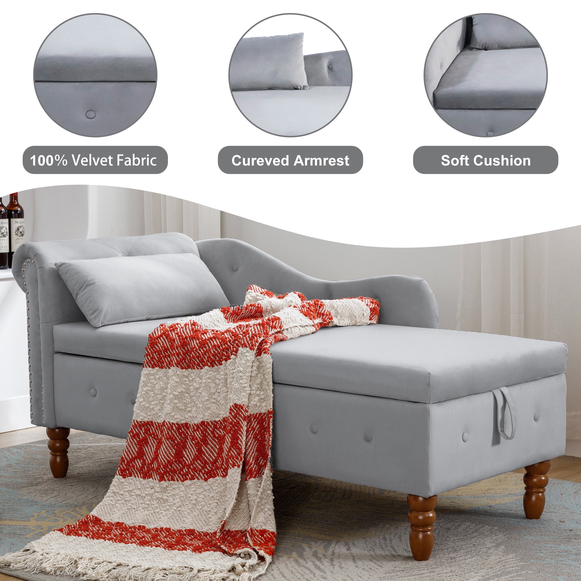 Aukfa Storage Chaise Lounge Chair Indoor Recliner Lounge Chair for Living Room Bedroom,Pillow - Gray