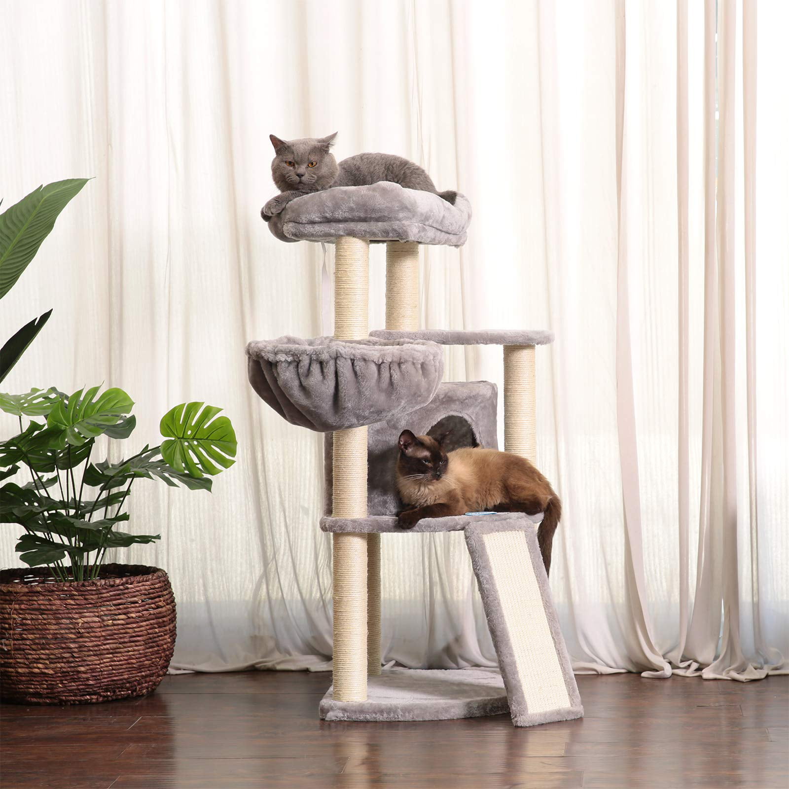2 Perch Hammock 2 Bigger Plush Condos Hey-bro Extra Large Multi-Level Cat Tree Condo Furniture with Sisal-Covered Scratching Posts Scratching Posts Smoky Gray MPJ031G 