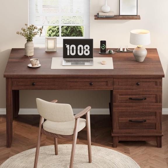 53.5" Executive Desk with 4 Drawers, Farmhouse Home Office Desk with File Cabinet, Wooden Computer Writing Desk for Study, Conference Table, Brown