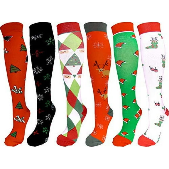 6 Pair Graduated Compression Socks for Men and Women (Christmas #3, Large/X-Large)
