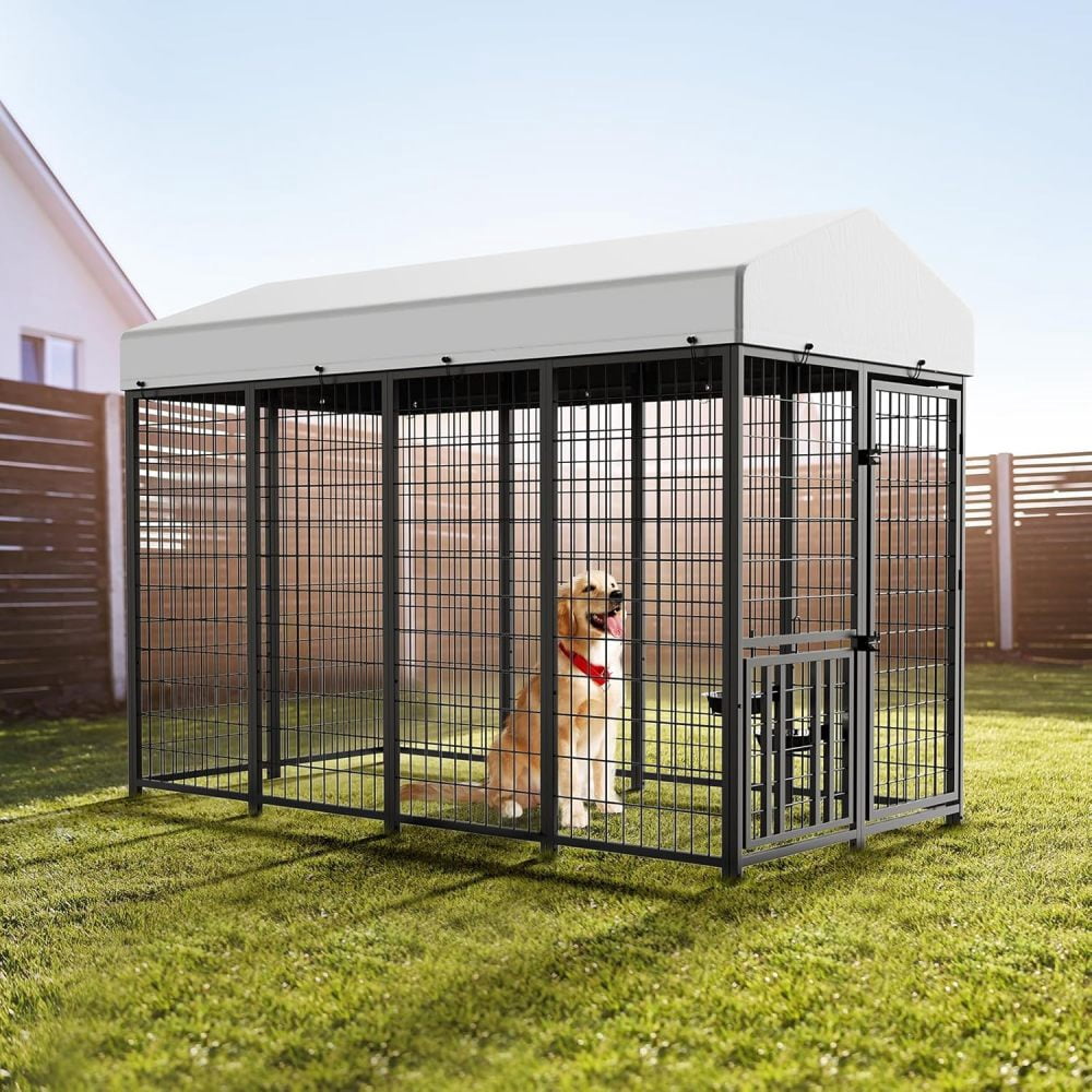Large Outdoor Dog Kennel with Rotatable Feeder, Waterproof Roof & Raised Legs - Stainless Steel