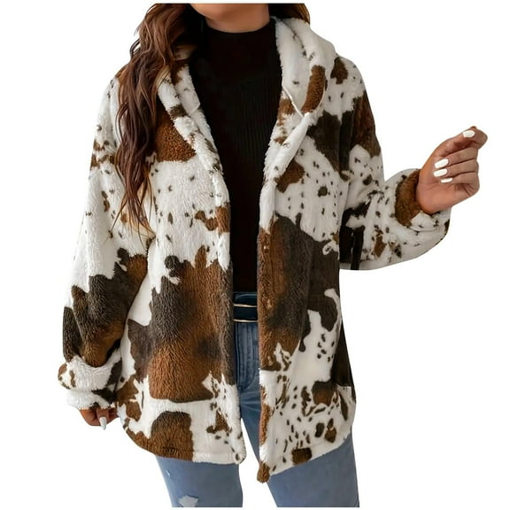 Jackets For Women Winter Warm Up Casual Loose Trendy Print Zip Up Long Sleeve Plus Thick Hoodies Plush Coats,White,M