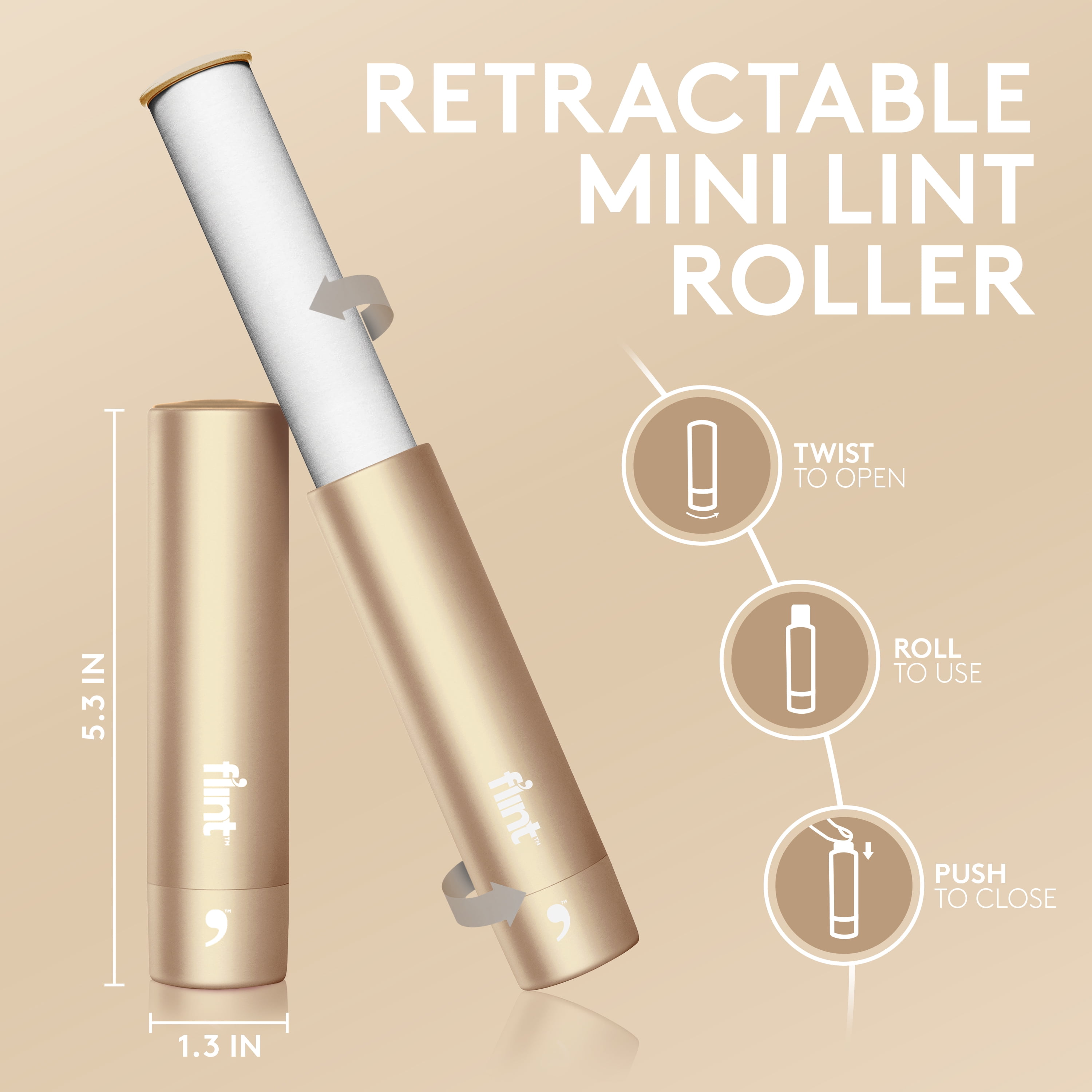 Flint Classic Gold Retractable Mini Lint Roller with 30 Extra