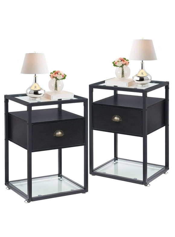 VECELO Set of 2 Tempered Glass Top Nightstand with Drawer, Industrial Sofa Side End Table for Bedroom Living room, Black