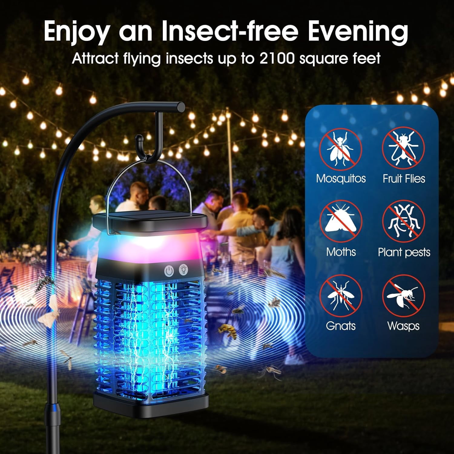 Bug Zapper Outdoor Indoor Mosquito Zapper Solar Fly Zapper Rechargeable Electric Mosquito Killer IP68 Waterproof Insect Fly Trap Plug in with RGB Light & Reading Lamp for Patio Camping Home Backyard