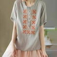 thumbnail image 2 of Dazajoo Summer Short Sleeve Tops for Women 2025 Casual Floral Embroidered Linen Shirt Round Neck Loose Blouses,Gray,XXXL, 2 of 6