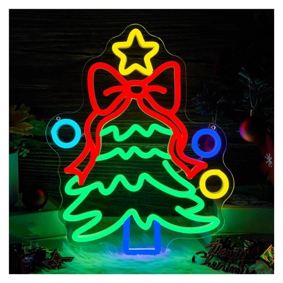 Letrero De Neón Con Forma De Árbol, Lazo Y Estrella, Luz LED Regulable, Alimentación USB, Para Decoración De Dormitorio Infantil, Sala De Estar 40cmx32cm