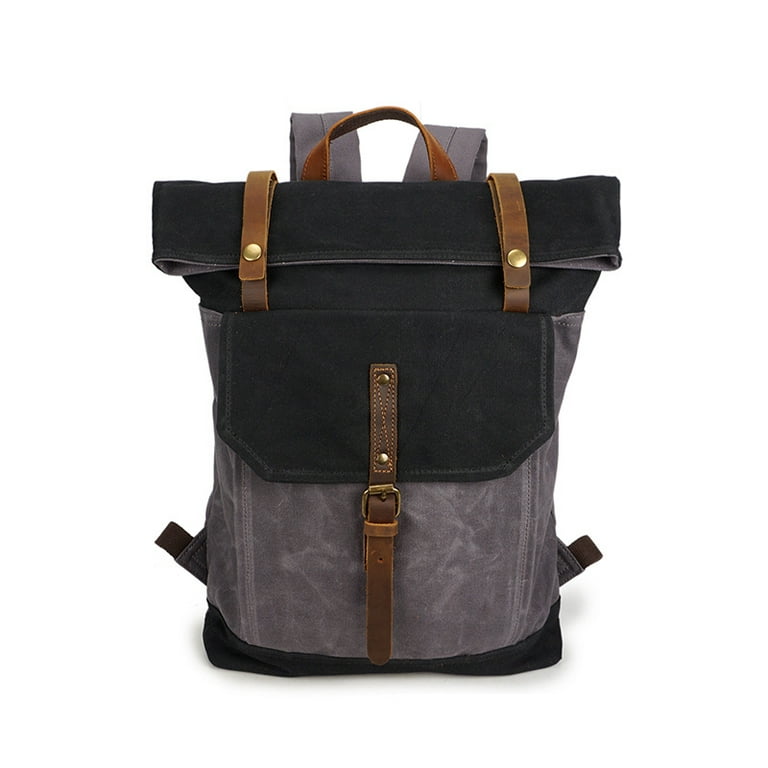 Retro Waxed Canvas Rustic Backpack, Waterproof Roll Top Travel Hiking  Rucksack Leather Daypack 