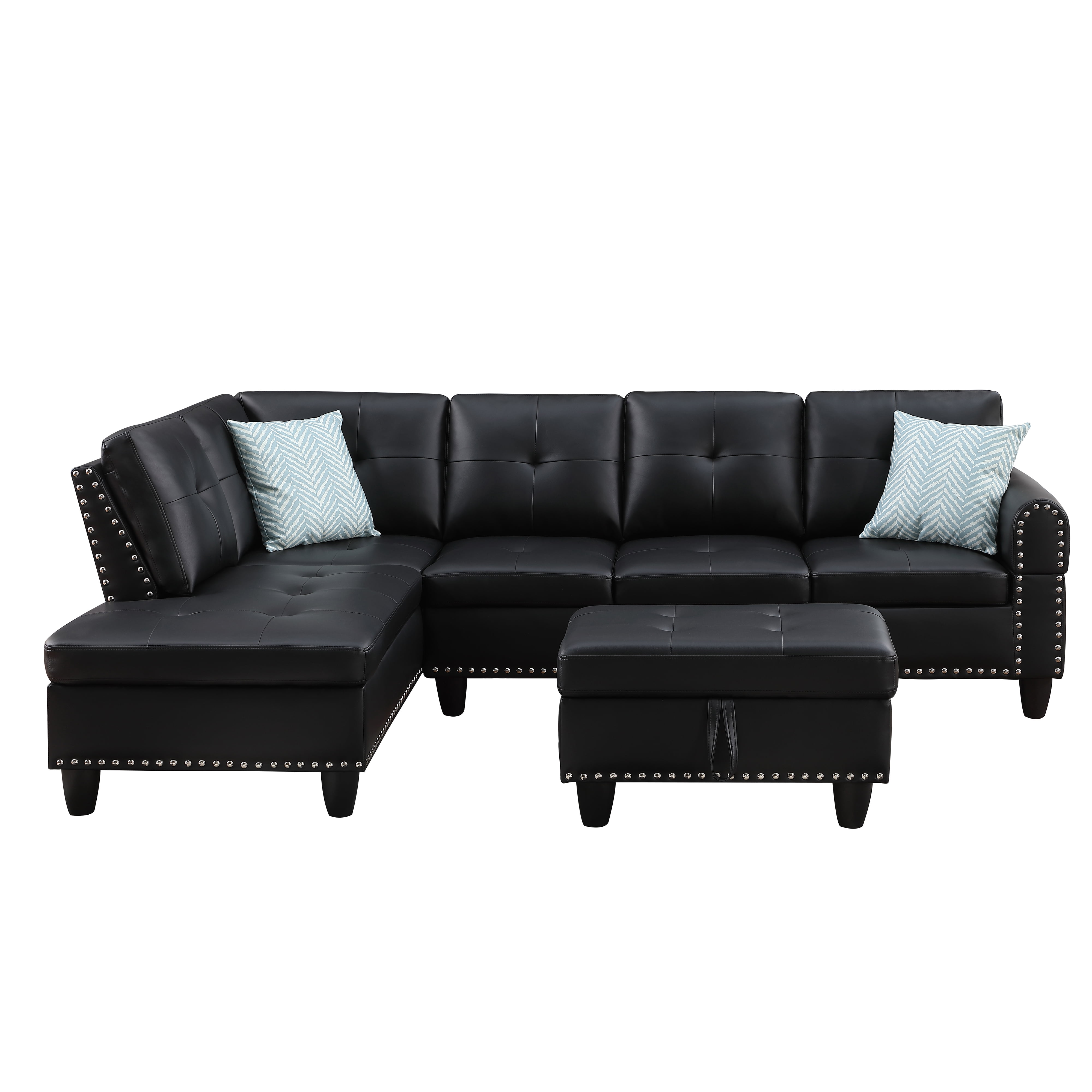 Gewnee 3-Piece L-Shaped Sectional Sofa with Chaise, Storage Ottoman, Cup Holders, 4-Seat, Faux Leather,Black