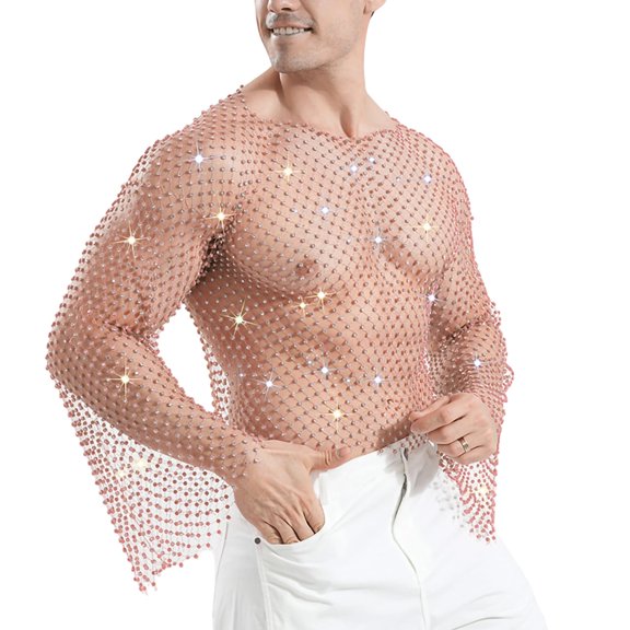 Mens Shirts, Men's Rhinestones Sparkle Fishnet Rave Tops Bell Sleeve Hollow Loose Sheer Festival Clubwear Shirts Streetwear