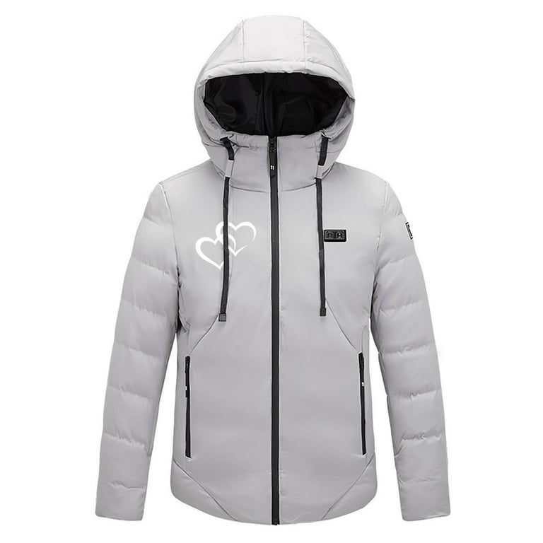 Lilgiuy Heated Jacket for Men and Women, Winter Warm Heart Print Long  Sleeve Hooded Windproof Zip Heated Coat Hunting Fishing Hiking(S-XL) 