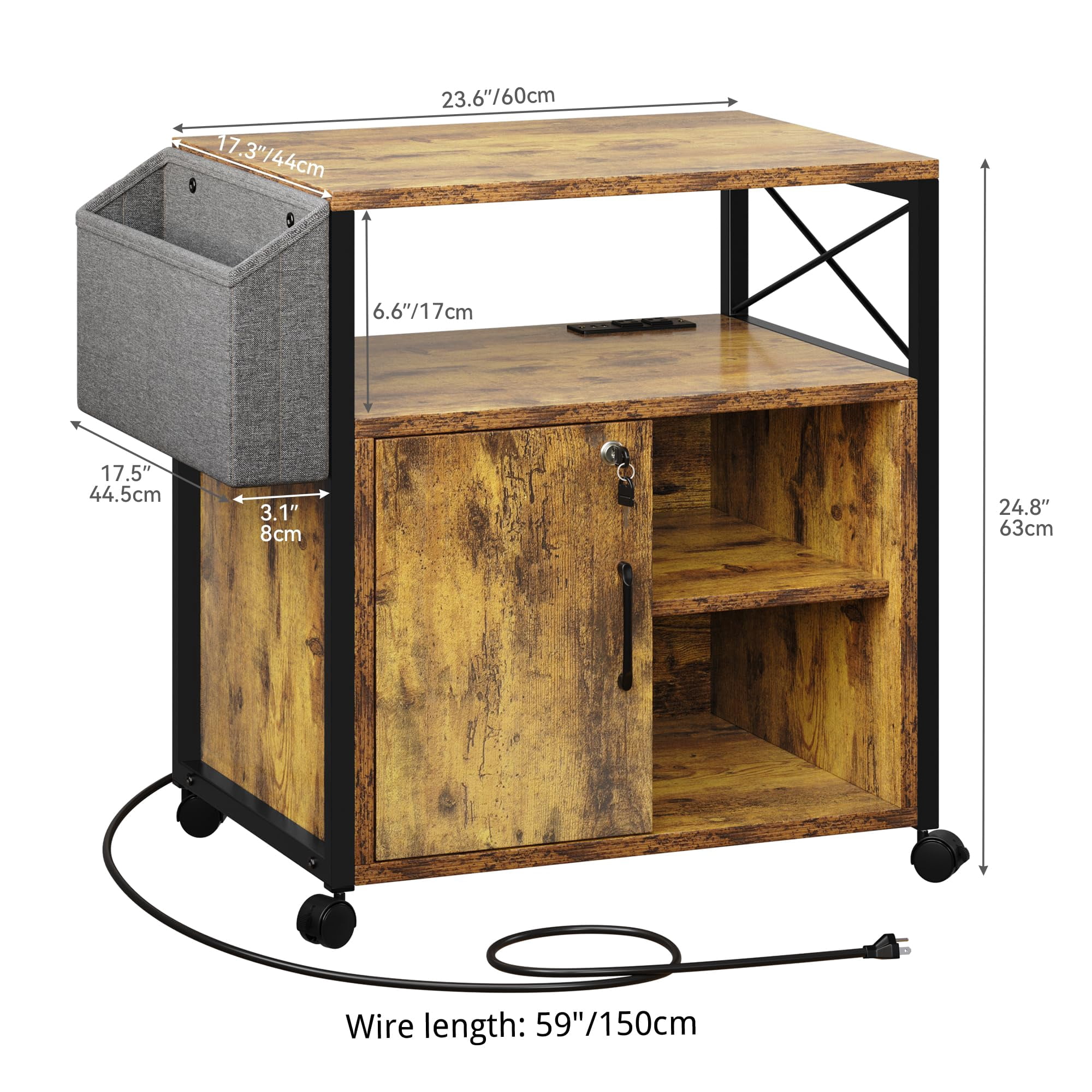 Dextrus Lateral File Cabinet, Wood Printer Stand with Charging Station, Mobile Filing Cabinet with Open Storage Shelves and Side Pocket, Fits A4, Letter, Legal Size Files, Office Furniture, Brown