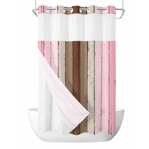 No Hook Cloth Fabric Shower Curtain with Snap in Liner, Pink Wood Grain Waterproof Shower Curtains Set with See Through Top Window, Brown Vintage Mottled Country Stripes Bath Curtains Shower 36"x72"