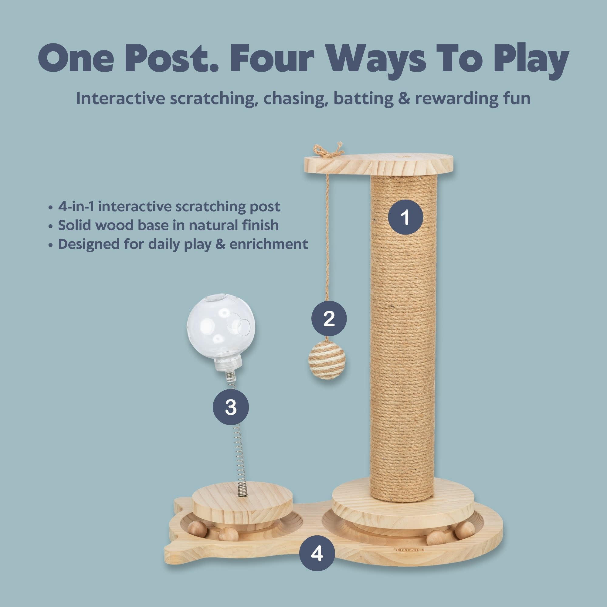 TRIXIE Oliver Interactive Cat Scratching Post w/ Treat Cup, Wooden Track & Hanging Ball