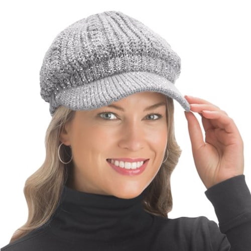 Lurex Cable Knit Beanie Hat with Visor 