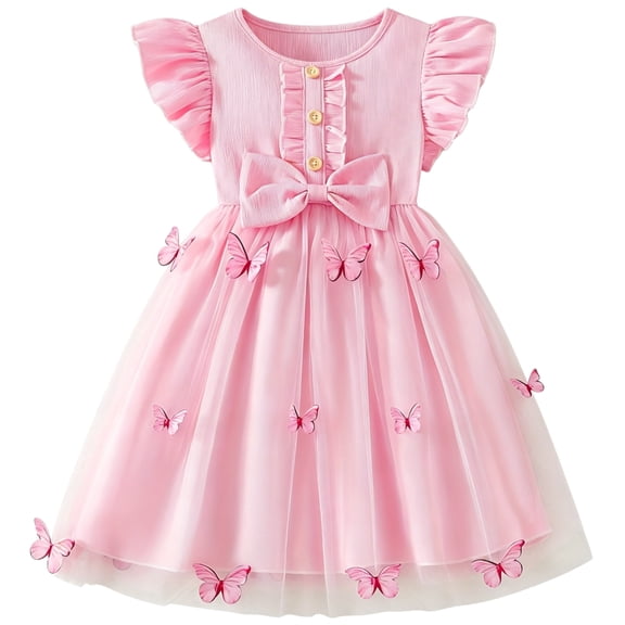 IPIO Girls Pink Butterfly Tulle Dress, Flutter Sleeve Bow Princess Party Dress for Birthday Wedding