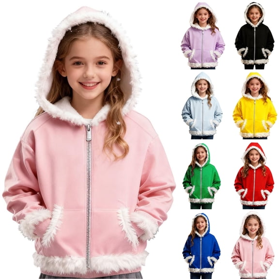 Jinhomg Girls Zip up Hoodie Jacket Sherpa Lined Jackets Kids Cute Fur Trim Hooded Sweatshirts Warm Winter Fleece Coats Outwear with Pockets
