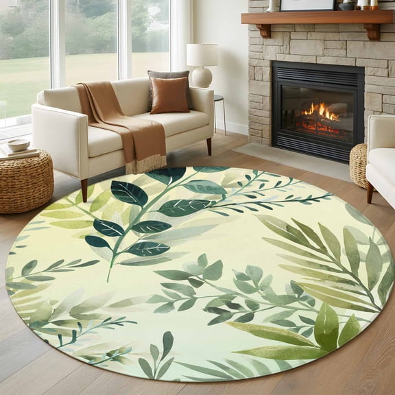 Round Area Rug 6 Ft, Green Blue Leaves Washable Non-Slip Circle Carpet for Living Room/Bedroom, Summer Botanical Farmhouse Watercolor Leaf Low-Profile Indoor Mats Collection Rugs for Residential