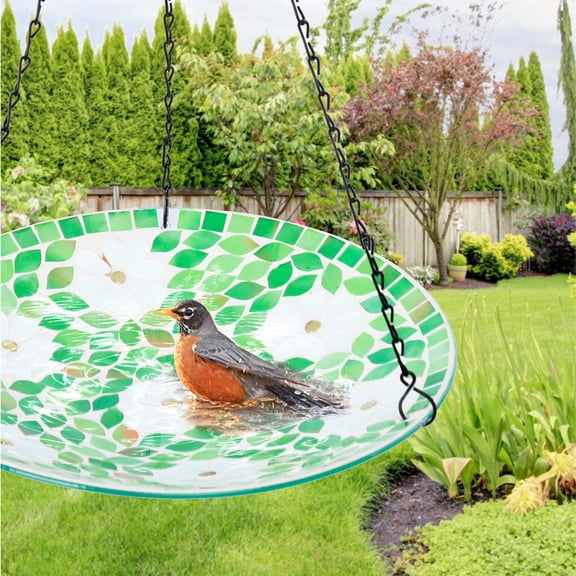 Hanging Bird Bath, Glass Mosaic Bird Baths for Outdoors Birdfeeder with 21 inch Rust-Proof Chain for Garden Yard Decor