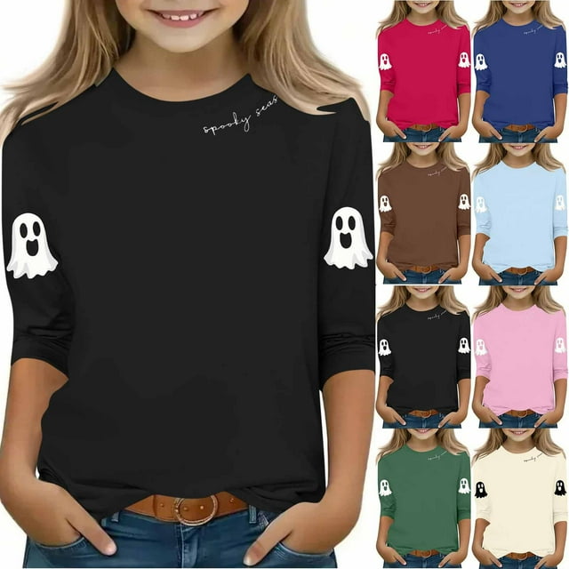 MKOSPLRT T-Shirts d'Halloween pour Enfants 3-12 Ans Garçons Filles Manches 3/4 T-Shirts Graphiques Col Rond Coupe Ample Hauts Mignons Fantômes Citrouille T-Shirts