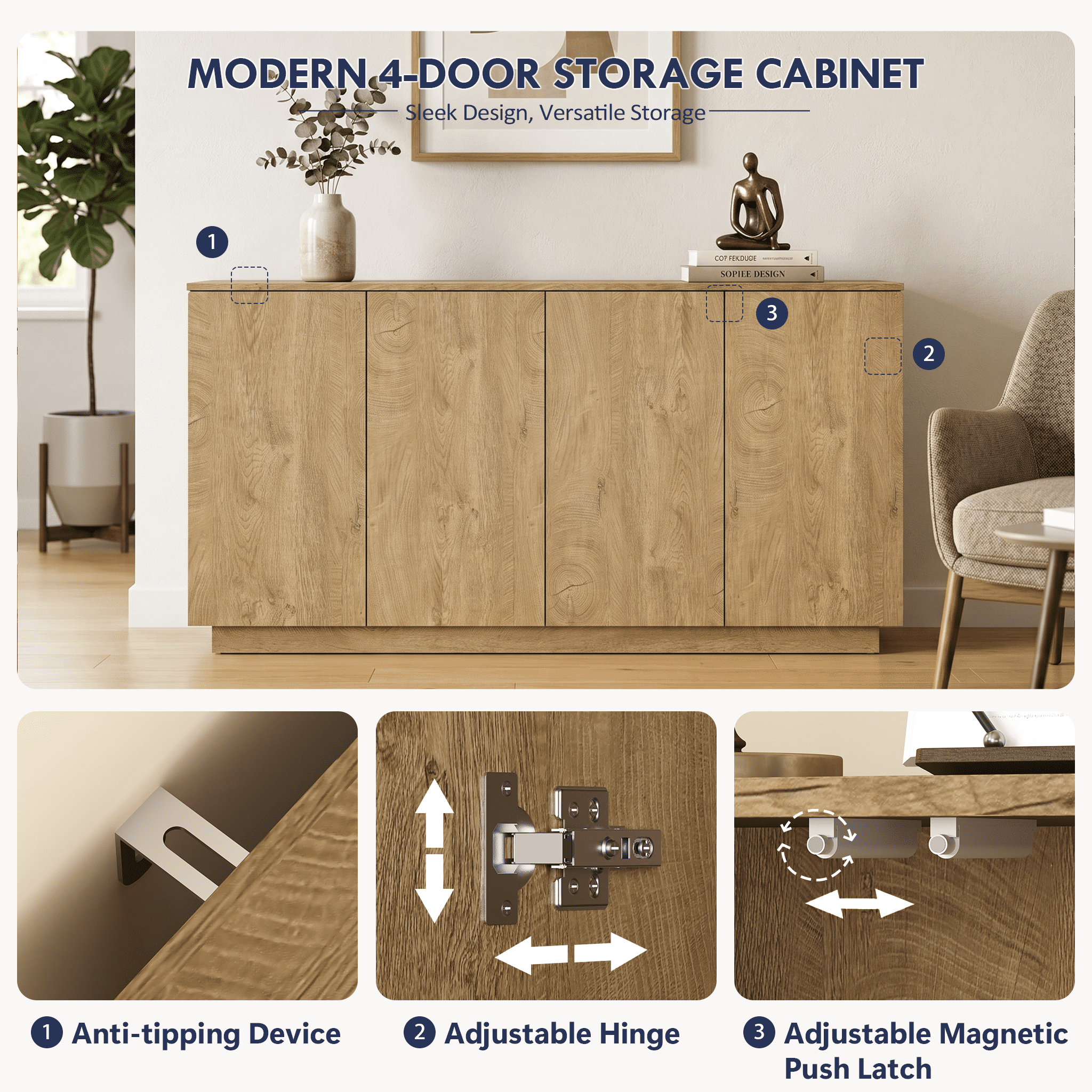Mintazer 59.1"W Sideboard Buffet Cabinet with Adjustable Shelves, 4 Door Storage Credenza Cabinet for Dining Room Kitchen Living Room, Entryway, Natural