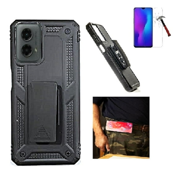 For Motorola Moto g 5G 2024 Case, Shockproof 360-Degree Rotating Belt Clip Kickstand Case Cover Tempered Glass (Black)