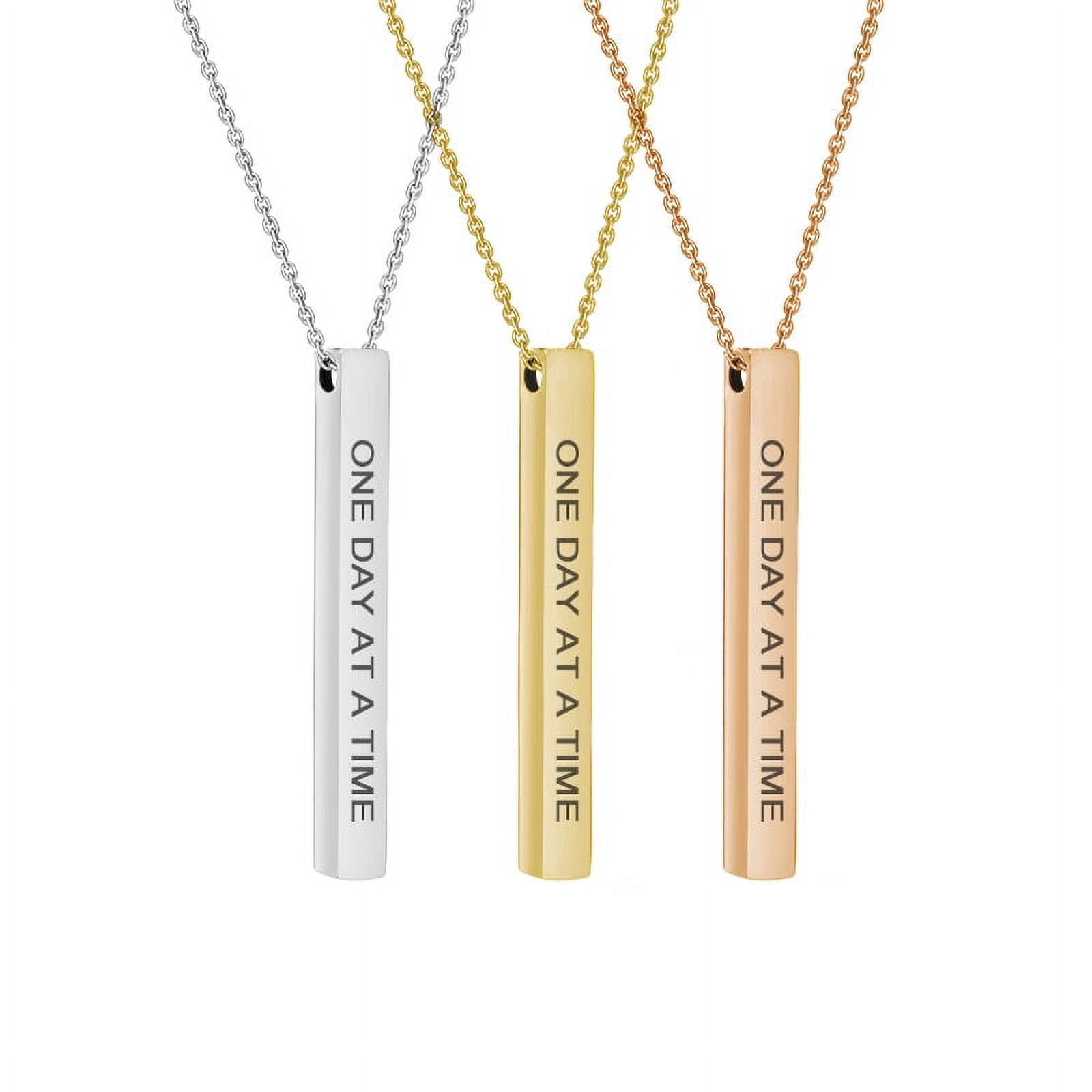 One Day At A Time Inspirational Quote Rose Gold Stainless Steel 4-Sided Bar Necklace with Gift Box