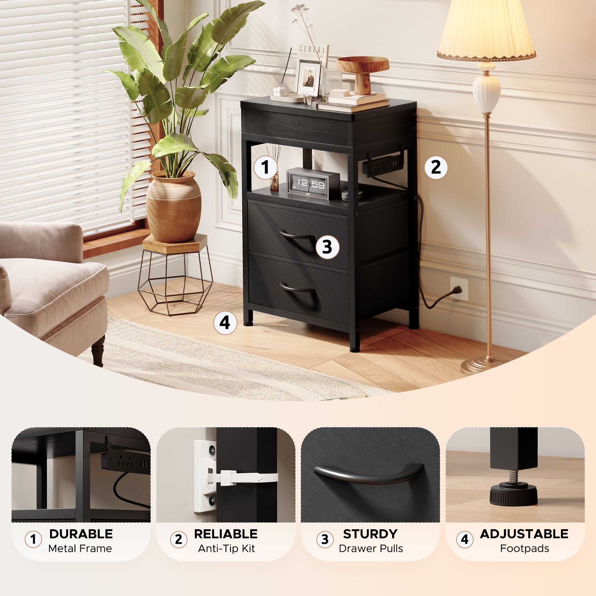 Bestco Nightstand with Sliding Top Modern End Table with Charging Station & 2 Drawers Black