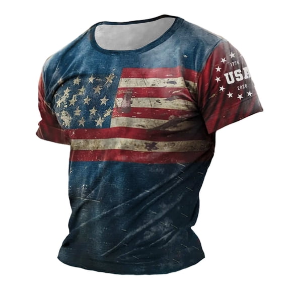 Casual Short Sleeve Crew Neck Tee with USA Anniversary Print Patriotic Graphic Shirt for Men Blue L