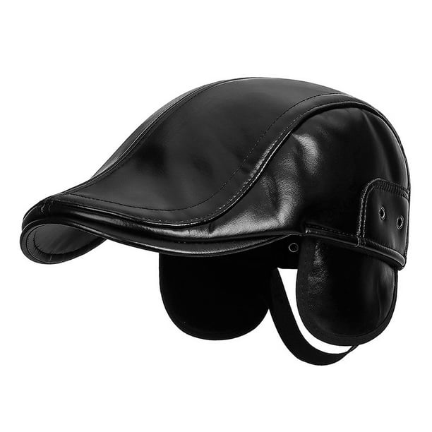 Gorro Gatsby Newsboy de cuero negro para hombre con gorra plana y orejeras