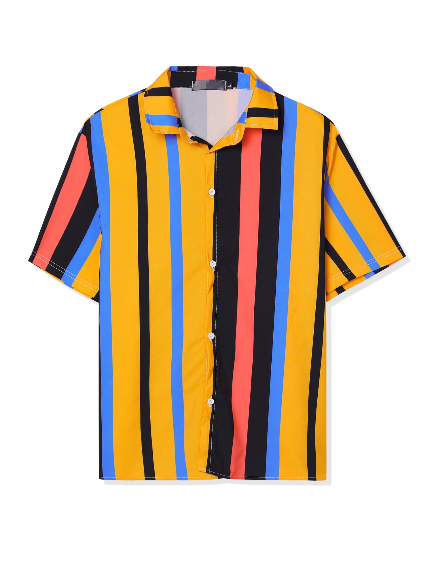 Unique Bargains Men's Summer Striped Shirt Short Sleeve Button Down Beach Shirts L Orange Black Blue