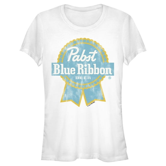 Junior's Pabst Yellow Blue Ribbon Logo  Graphic Tee White Medium