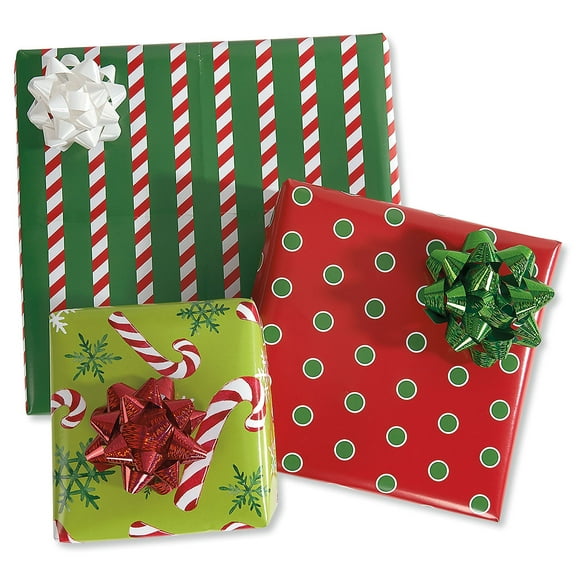 Current Candy Canes & Dots Flat Christmas Gift Wrap Sheets - Set of 3 Sheets, 22" x 34" Easy Storage Wrapping