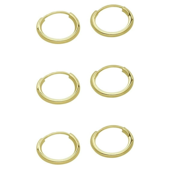 3 Pair Set 14k Gold Endless Hoop Earrings, 10mm