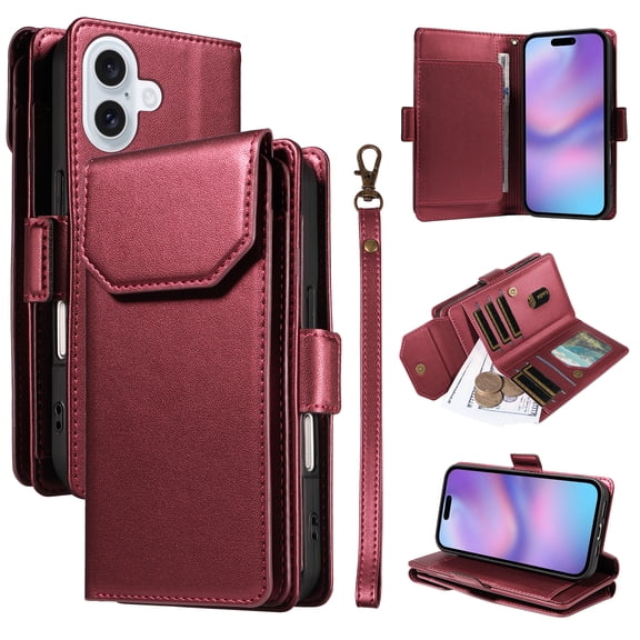 Compatible with iPhone 17 Case Wallet with Strap RFID Blocking Card Holder, Multifunctional Wallet Purse Handbag Premium PU Leather Magnetic Flip Kickstand Phone Case,Red