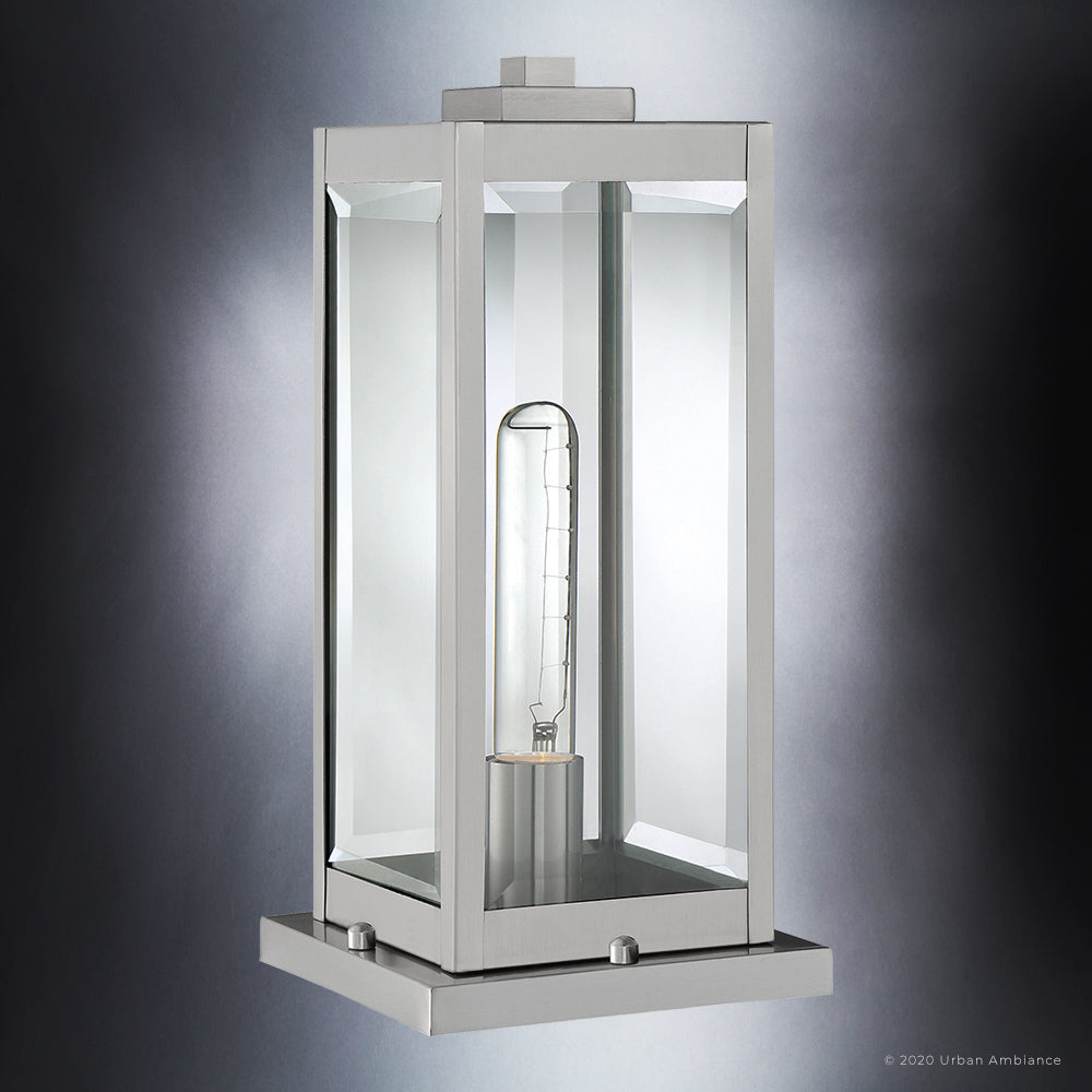 Luxury Modern Farmhouse Outdoor Post Light, 16.00''H x 7.50''W, with Industrial Style Elements, Minimalist Design, Stainless Steel Finish and Clear Beveled Glass, UQL1365