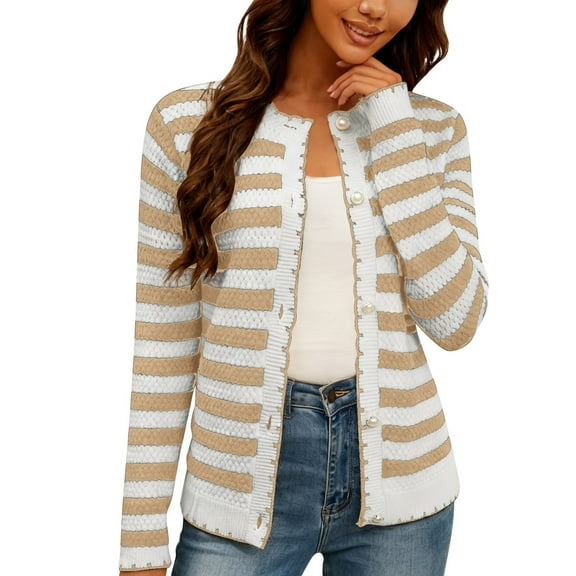 Wang6 Button down Cardigan Sweaters for Women Open Front Long Sleeve Lightweight Knit Sweater Trendy Fall Crew Neck Striped Printed Tops Outerwear Khaki XL