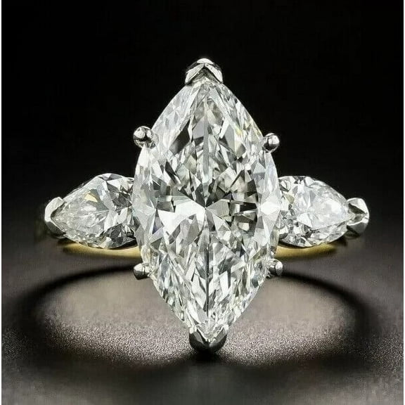 Hitanshu Jewels Cubic Zirconia Marquise Cut Womens 3-Stone Band Ring 14k Yellow Gold Plated