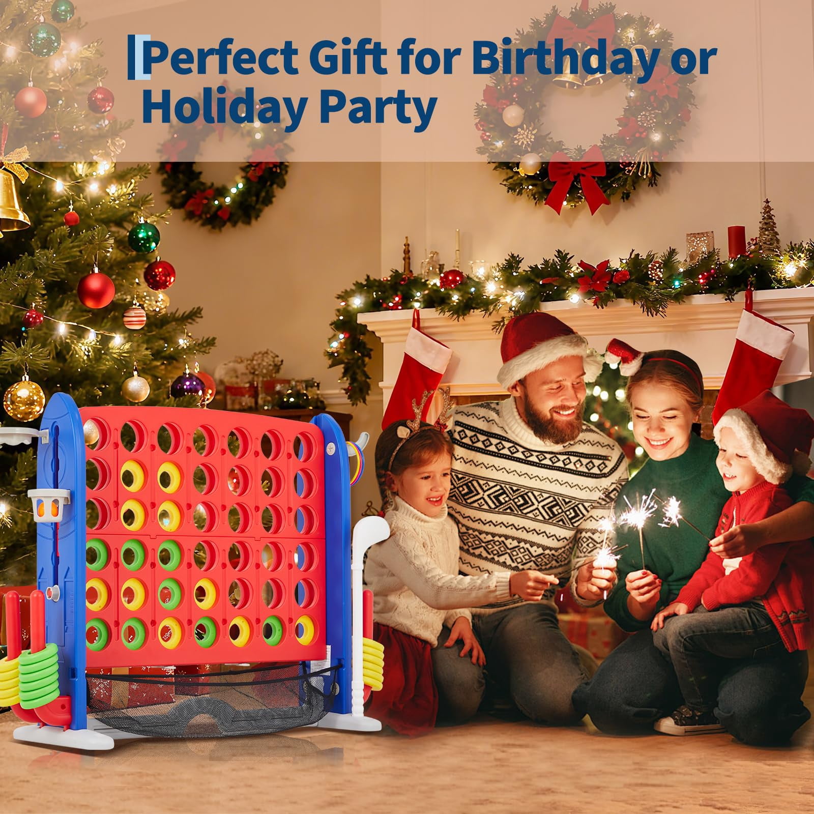 Historyli Giant 4 in a Row Connect Game, Adjustable Height Jumbo Game Set with Golf & Basketball, Red