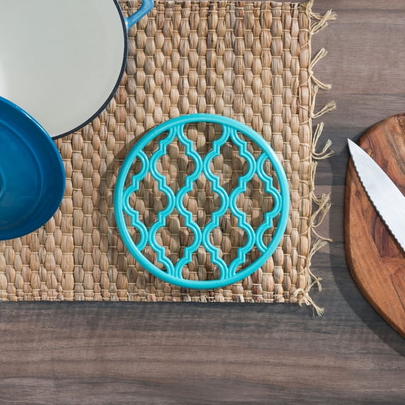 Home Basics Lattice Collection Round Cast Iron Trivet, Turquoise