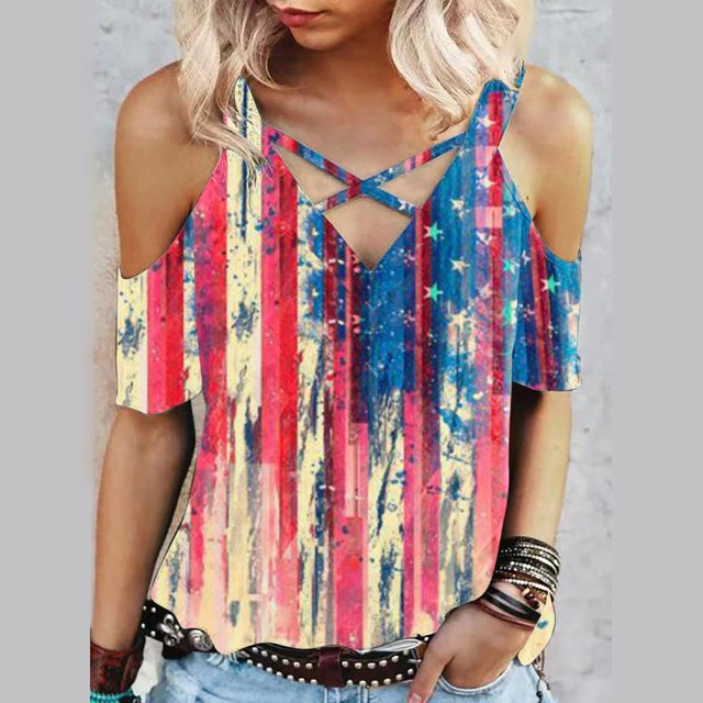 Fiudx Ofertas y Liquidaciones Blusa Estampada a La Moda con Cuello En V y Manga Corta para Mujer