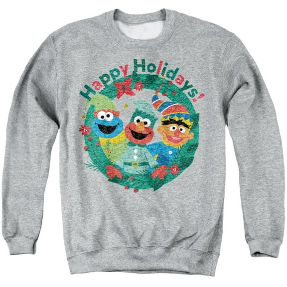 Sesame Street Happy Holiday Christmas Elves Unisex Adult Crewneck Sweatshirt, Athletic Heather, Large