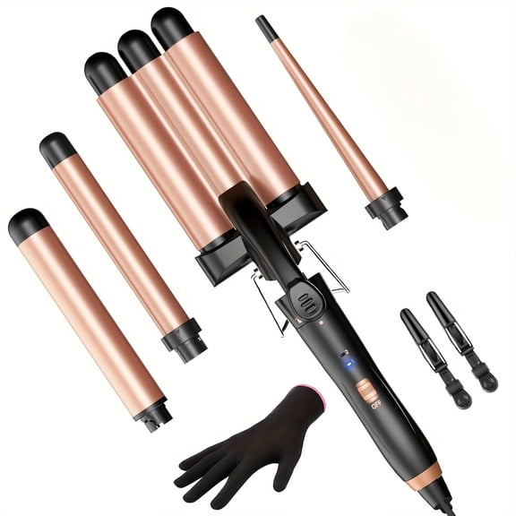 Professional Hair Styling Set with 5 Interchangeable Barrels, Multi-functional Ceramic Curling Wand and Mermaid Waver for All Hair Types, Instant Heat-up Tool with Heat Resistant Glove
