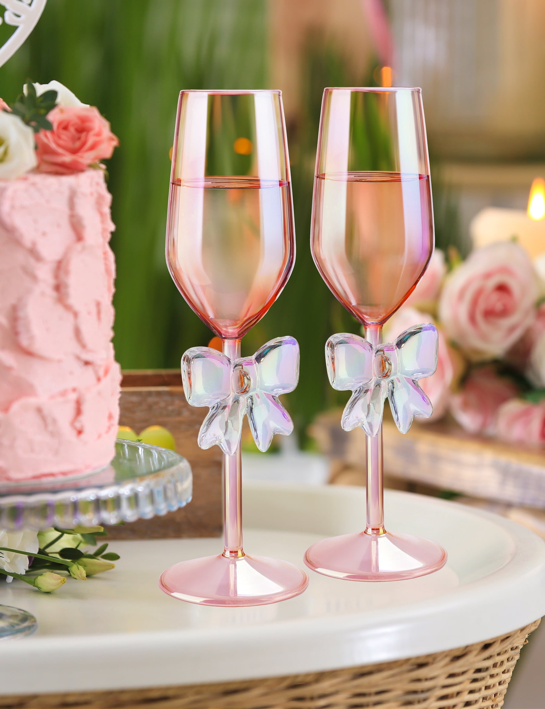 NiHome 2-Pack Pink Iridescent Champagne Flutes with Bow Base for Women, 10.5oz Handcrafted High Borosilicate Glasses, Elegant Rainbow Glassware for Wedding Party Celebration, Unique Tall Drink Cups