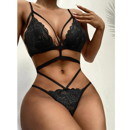 

Qcmgmg Women s Babydoll Lace Strappy Bra and Panty Set Sexy Nightwear Lingerie Set XL