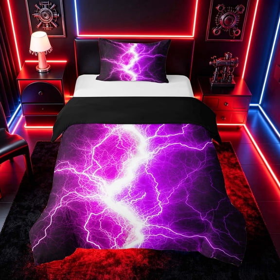 meiyoeat Neon Lightning Pattern Twin Bedding for Boys, Electric Purple Print Duvet Cover Set, Black Reversible2 Pieces, 1 Duvet Cover and 1 Pillowcase