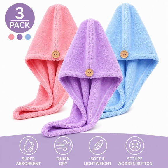 3 Pack Microfiber Hair Towel Wrap for Women, Super Absorbent Quick Dry Turban with Button, Soft Lightweight Shower Cap