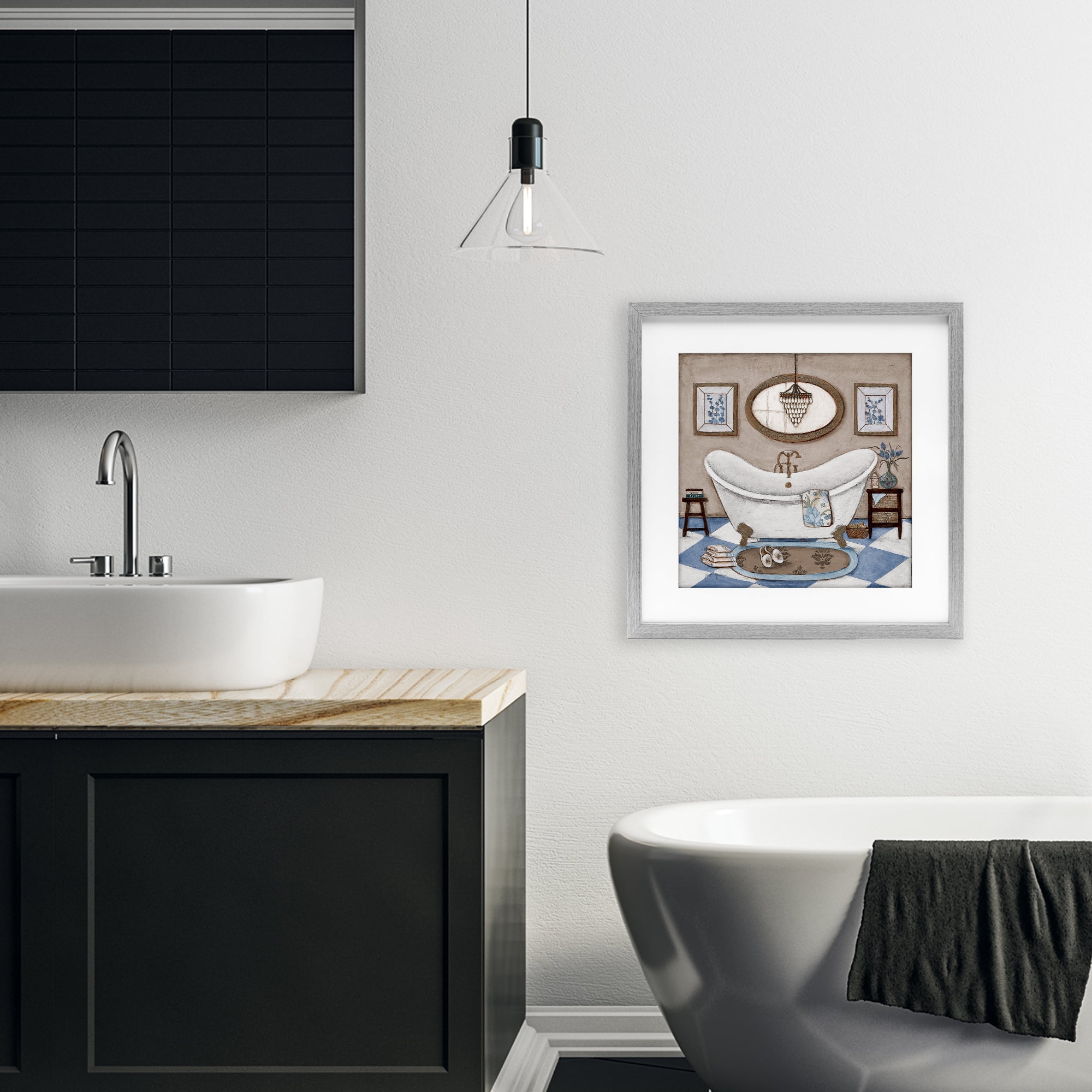 Stupell Industries Checkered Relaxing Bathtub Gray Framed Print Under Glass, design by Janet Tava