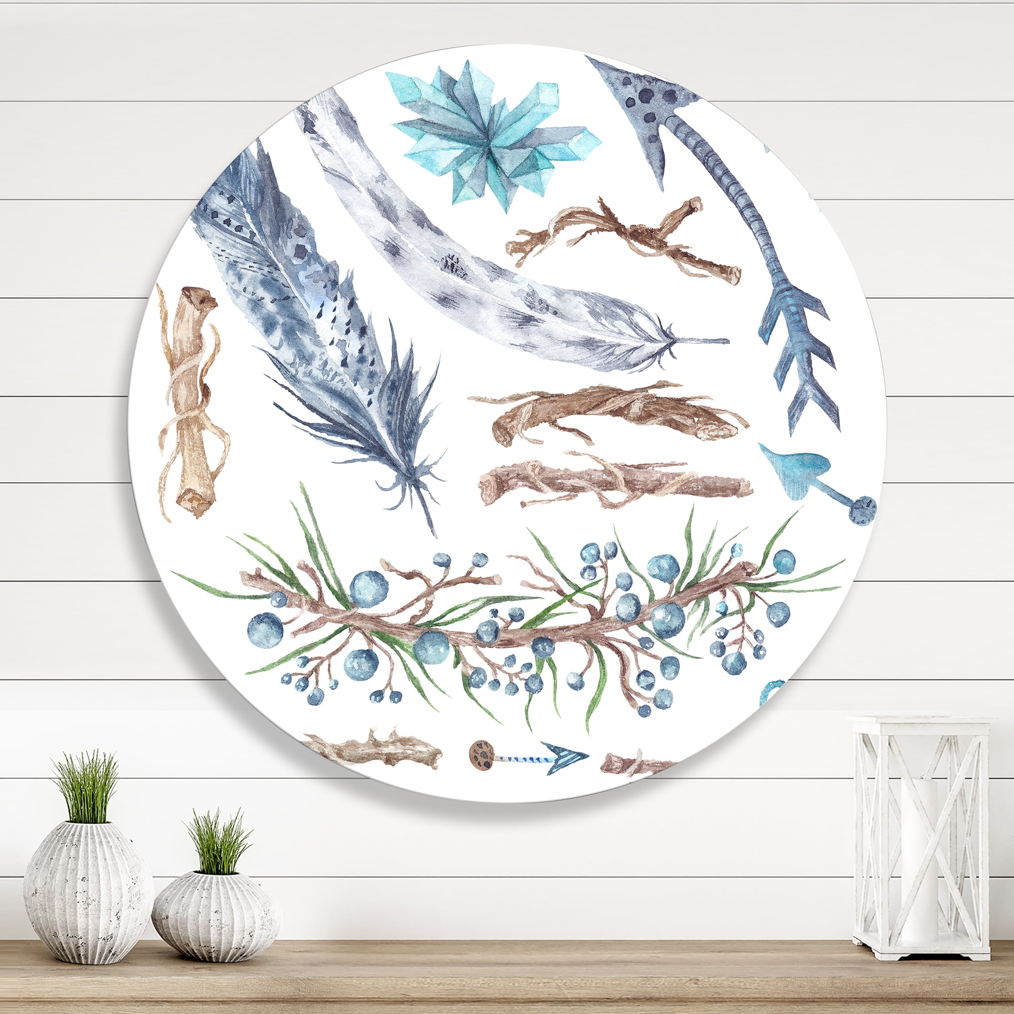 Designart 'Tribal Forest Elements' Bohemian & Eclectic Circle Metal Wall Art 23x23 - Disc of 23