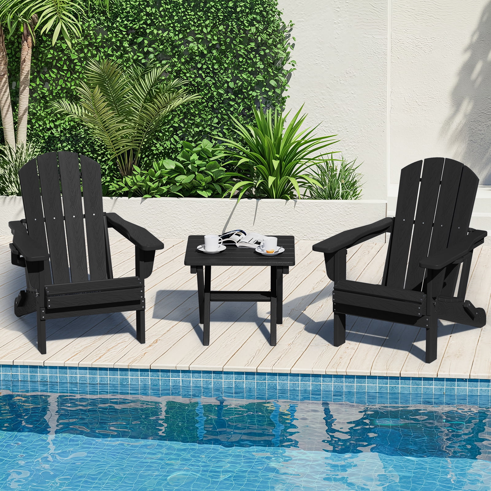 SERWALL Outdoor Small Folding Side Table, HDPE All Weather Adirondack End Table, No Assembly Required, Black